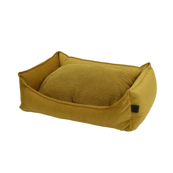 Cuccia per cani giallo ocra con cuscino reversibile in velluto a coste