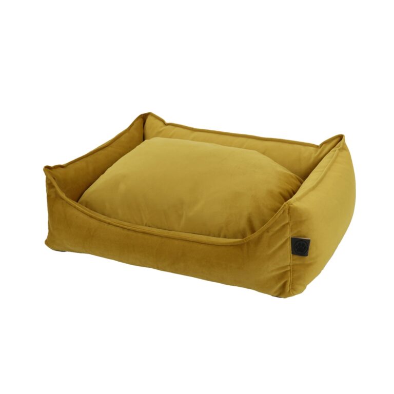 Cuccia per cani giallo ocra con cuscino reversibile in velluto a coste
