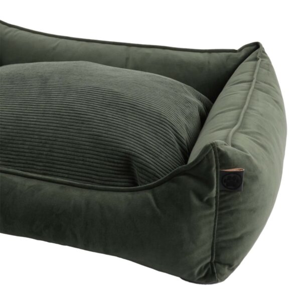 Cuccia per cani verde oliva con cuscino reversibile in velluto a coste, angoli rifiniti con cura